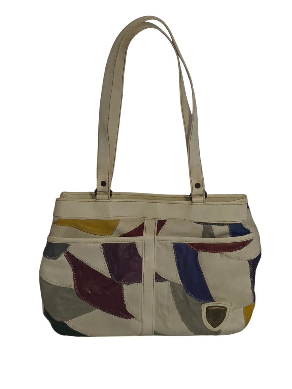 Vintage 80s 90s Colorful White Leather Patchwork Shoulder Bag Maximalist